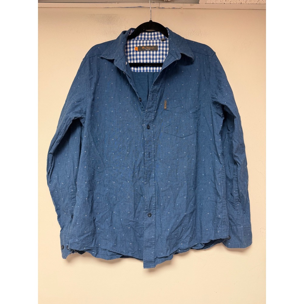 Ben Sherman‎ Button Down Shirt Mens Medium Blue Excellent Gingham Trim Micro Dot